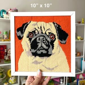 Vintage Framed Pug Needlepoint Art